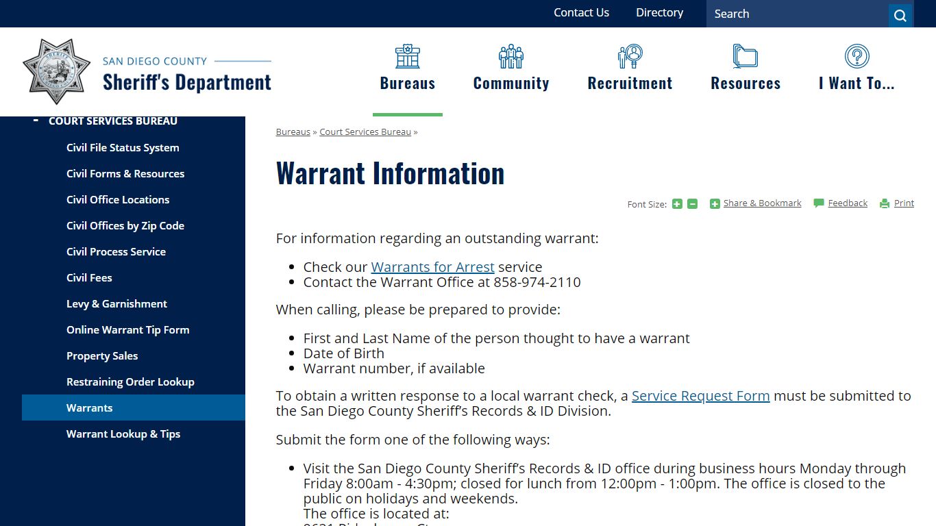 Warrant Information | San Diego County Sheriff
